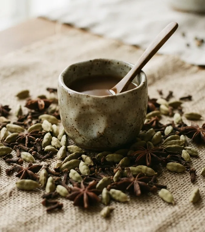A speckled ceramic cup of spiced tea surrounded by cardamom pods, cloves and star anise on linen