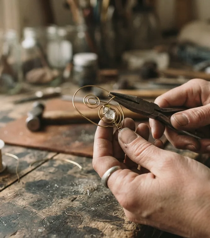 Hands bending brass wire into a spiral amulet with small pliers on a worn workbench
